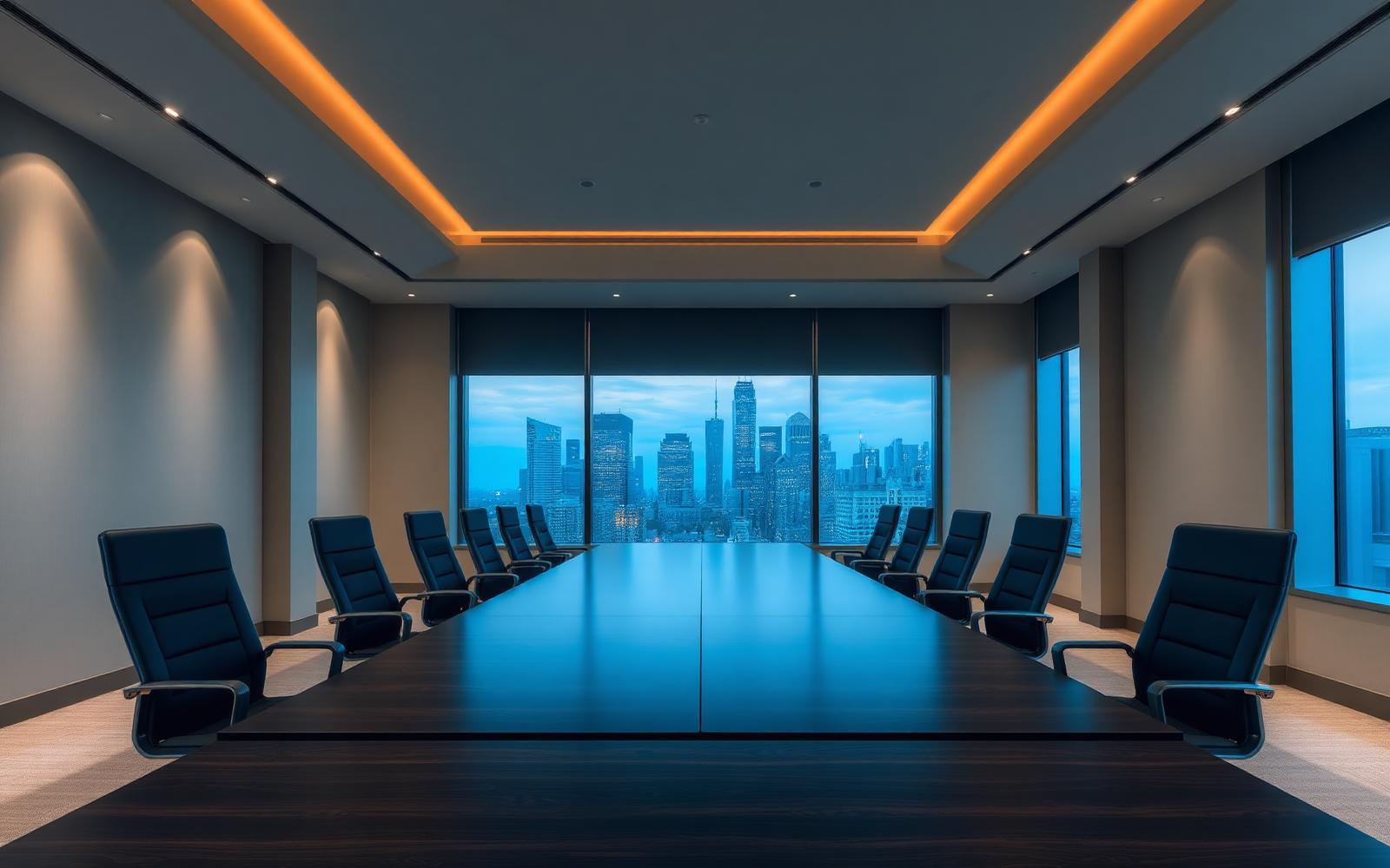Executive boardroom overlooking a city skyline at dusk