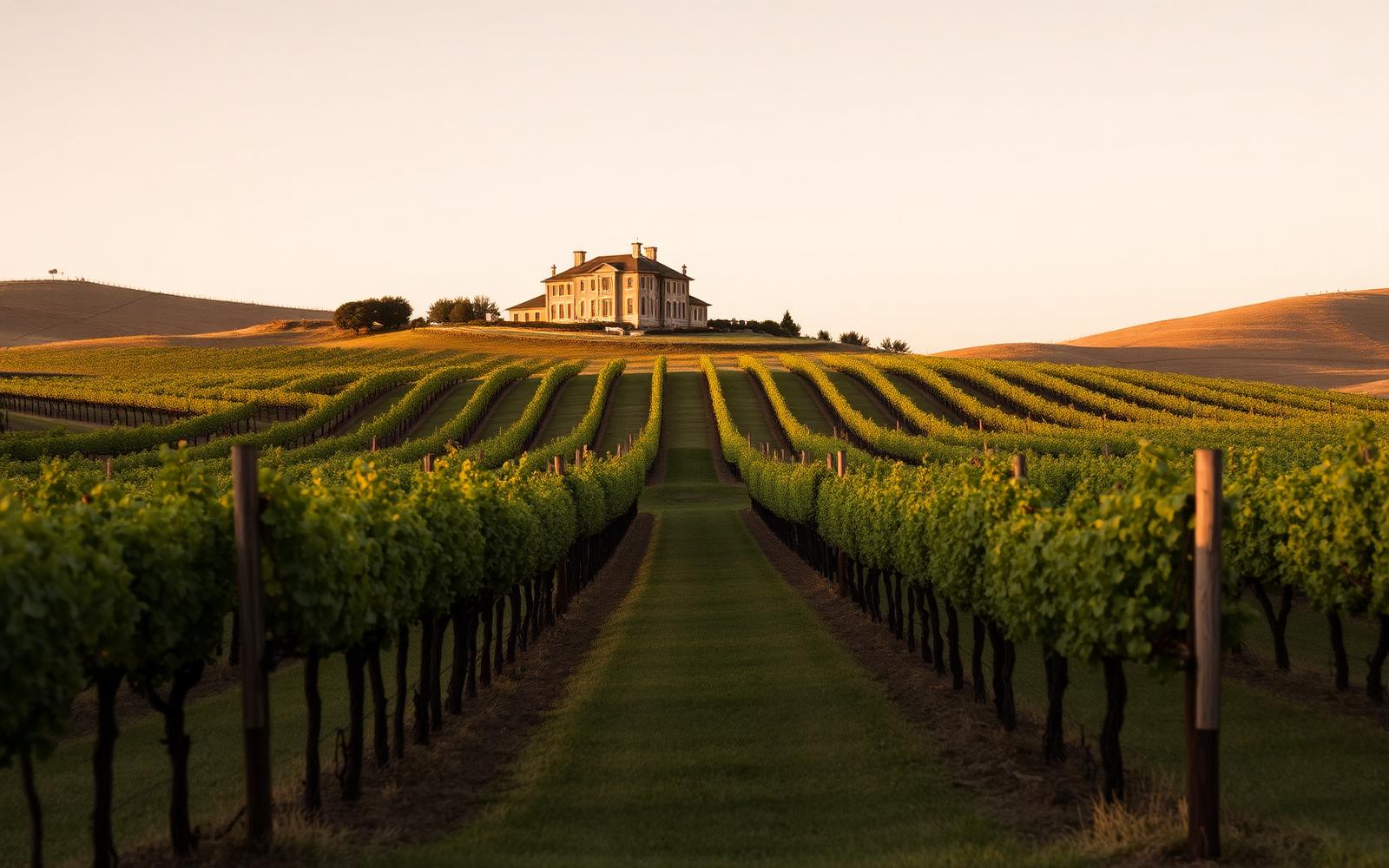 Vineyard rows at golden hour with an estate building in the distance